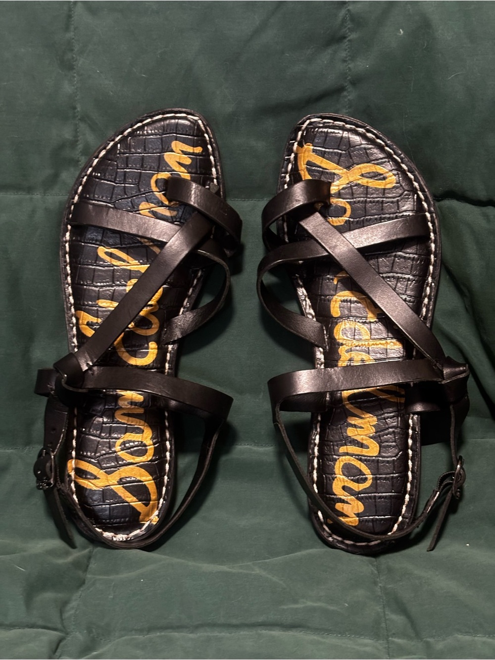 Sam Edelman Black Strappy Leather Sandals with Gold Script